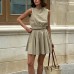 Round Neck Pleated Skirt Solid Color Comfortable Short Skirt Casual Commuting Set for Women