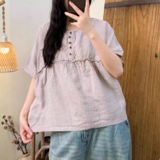 Casual Versatile High-Definition Color Woven Linen Lace Splicing Round Neck Short Sleeve Top Women