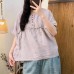 Casual Versatile High-Definition Color Woven Linen Lace Splicing Round Neck Short Sleeve Top Women