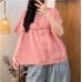 Casual Versatile High-Definition Color Woven Linen Lace Splicing Round Neck Short Sleeve Top Women
