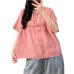 Casual Versatile High-Definition Color Woven Linen Lace Splicing Round Neck Short Sleeve Top Women