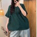 Casual Versatile High-Definition Color Woven Linen Lace Splicing Round Neck Short Sleeve Top Women