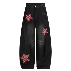 Retro curved knife denim five pointed star embroidered loose wide leg pants Retro curved knife denim five pointed star embroidered loose wide leg pants