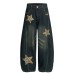 Retro curved knife denim five pointed star embroidered loose wide leg pants