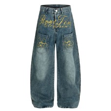 Retro embroidery curved knife denim wide leg pants Retro embroidery curved knife denim wide leg pants