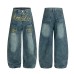 Retro embroidery curved knife denim wide leg pants