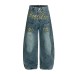 Retro embroidery curved knife denim wide leg pants