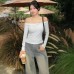 Solid Color Long Sleeve Ruffle One-Shoulder Top
