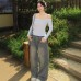 Solid Color Long Sleeve Ruffle One-Shoulder Top