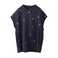 New Chinese Style Oblique Placket Stand Collar Embroidered Hemp Shirt Elegant Short Sleeve Blouse Republican Style Top