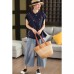 New Chinese Style Oblique Placket Stand Collar Embroidered Hemp Shirt Elegant Short Sleeve Blouse Republican Style Top