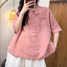 Summer New Casual Versatile Simple Chinese Style Oblique Placket Button Sand-Washed Linen Solid Color Top for Women Summer New Casual Versatile Simple Chinese Style Oblique Placket Button Sand-Washed Linen Solid Color Top for Women