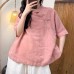 Summer New Casual Versatile Simple Chinese Style Oblique Placket Button Sand-Washed Linen Solid Color Top for Women