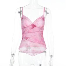 Printed Strapless Top with Lace Trim and Waist Shaping for Women