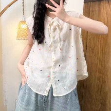 Sweet Style Colorful Heart Embroidery Hemp Lace Trimmed Top