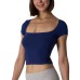 T-SHIRT Square Neck Solid Color Waist Slim Fit Simple Short Sleeve