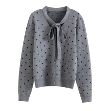 Tie Neck Single Breasted Polka Dot Long Sleeve Loose Women's Knitwear
