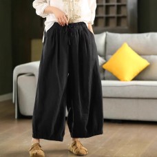 Vintage Hemp Pants Women's Belted Elastic Waist Loose Lantern Trousers Hand-Pleated Balloon Pants Summer