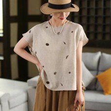 Vintage Hemp Embroidered Short Sleeve Women's Literary Round Neck Loose Summer Linen Top