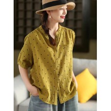 Vintage Polka Dot Printed Cotton Double Gauze Shirt Women's Literary Stand Collar Mid-Sleeve Blouse Loose Slimming Top Summer