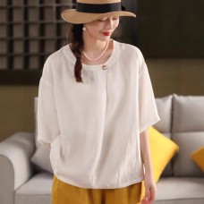 Vintage Hemp Shirt Women's Elegant Crew Neck Blouse Literary Thin Short Sleeve Top