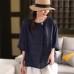 Vintage Hemp Shirt Women's Elegant Crew Neck Blouse Literary Thin Short Sleeve Top