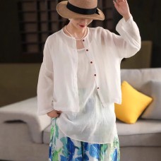 Linen Shirt Women Short Length Cardigan Jacket Summer Thin Sunscreen Blouse Printed Top Outerwear