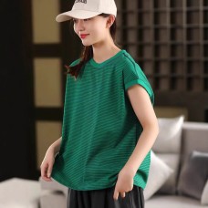 Retro Fine Striped Cotton Short Sleeve Loose Round Neck Pullover Literary Versatile Women's T-Shirt Top Retro Fine Striped Cotton Short Sleeve Loose Round Neck Pullover Literary Versatile Women's T-Shirt Top