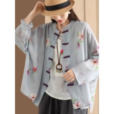 New Chinese Style Printed Hemp Shirt Top Jacket Women's Retro National Wind Buttoned Literary Stand Collar Long Sleeve Blouse Cardigan