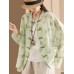New Chinese Style Printed Hemp Shirt Top Jacket Women's Retro National Wind Buttoned Literary Stand Collar Long Sleeve Blouse Cardigan