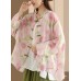New Chinese Style Printed Hemp Shirt Top Jacket Women's Retro National Wind Buttoned Literary Stand Collar Long Sleeve Blouse Cardigan