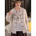 New Chinese Style Printed Hemp Shirt Top Jacket Women's Retro National Wind Buttoned Literary Stand Collar Long Sleeve Blouse Cardigan