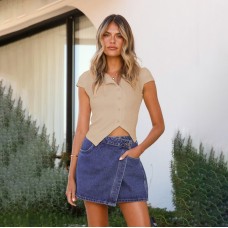Irregular Knit Button Shoulder T-Shirt Slim Fit Versatile Design V-Neck Short Sleeve
