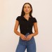 Irregular Knit Button Shoulder T-Shirt Slim Fit Versatile Design V-Neck Short Sleeve