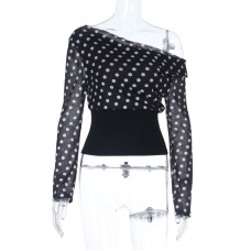 One Shoulder Polka Dot Long Sleeve Slim Short Top Women's One Shoulder Polka Dot Long Sleeve Slim Short Top Women's