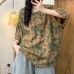 Vintage Casual All-Match Cotton Gauze Printed Buttoned Crew Neck Frayed Short Sleeve Top