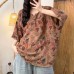 Vintage Casual All-Match Cotton Gauze Printed Buttoned Crew Neck Frayed Short Sleeve Top