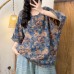 Vintage Casual All-Match Cotton Gauze Printed Buttoned Crew Neck Frayed Short Sleeve Top