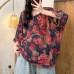 Vintage Casual All-Match Cotton Gauze Printed Buttoned Crew Neck Frayed Short Sleeve Top