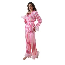 Lace Long Sleeve Long Length Striped Women's Loungewear Set Lace Long Sleeve Long Length Striped Women's Loungewear Set