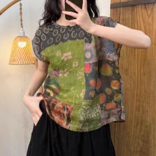 Vintage Casual Versatile Loose Slimming Hemp Digital Print Buttoned Sleeveless Floral Trim Top