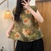 Vintage Casual Versatile Loose Slimming Hemp Digital Print Buttoned Sleeveless Floral Trim Top