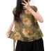 Vintage Casual Versatile Loose Slimming Hemp Digital Print Buttoned Sleeveless Floral Trim Top