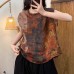 Vintage Casual Versatile Loose Slimming Hemp Digital Print Buttoned Sleeveless Floral Trim Top