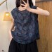 Vintage Casual Versatile Loose Slimming Hemp Digital Print Buttoned Sleeveless Floral Trim Top