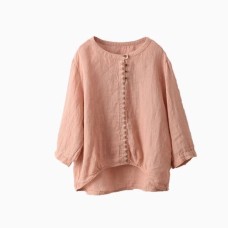 Heavy Embroidery Placket Linen Shirt Elegant Pullover Loose Three-Quarter Sleeve Blouse Top