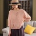 Heavy Embroidery Placket Linen Shirt Elegant Pullover Loose Three-Quarter Sleeve Blouse Top