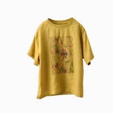 Vintage Printed Linen Top Women's Summer Round Neck Short Sleeve T-Shirt Literary Crew Neck Blouse