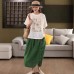 Vintage Printed Linen Top Women's Summer Round Neck Short Sleeve T-Shirt Literary Crew Neck Blouse