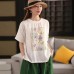 Vintage Printed Linen Top Women's Summer Round Neck Short Sleeve T-Shirt Literary Crew Neck Blouse